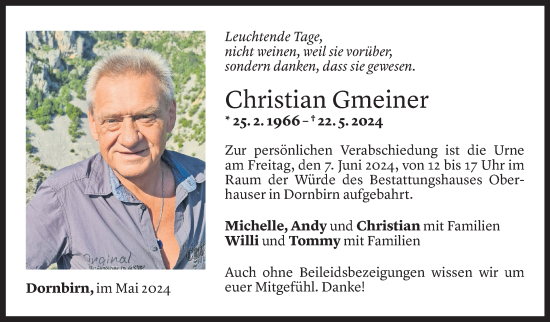 Todesanzeige von Christian Gmeiner von Vorarlberger Nachrichten