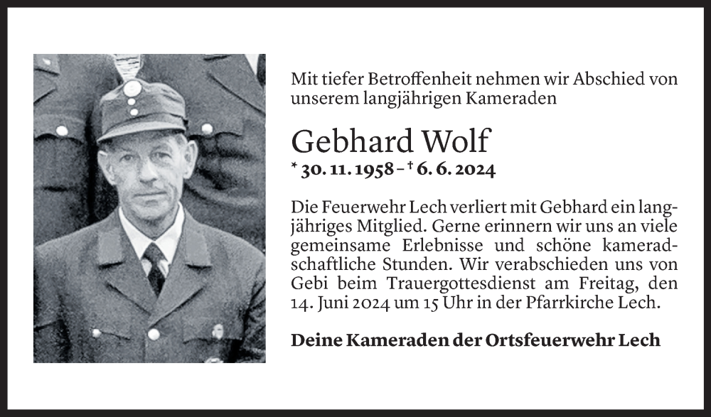  Todesanzeige für Gebhard Wolf vom 11.06.2024 aus Vorarlberger Nachrichten