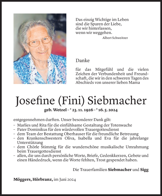 Todesanzeige von Fini Siebmacher von Vorarlberger Nachrichten