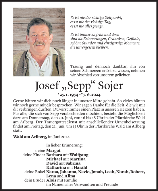 Todesanzeige von Josef Sojer von Vorarlberger Nachrichten