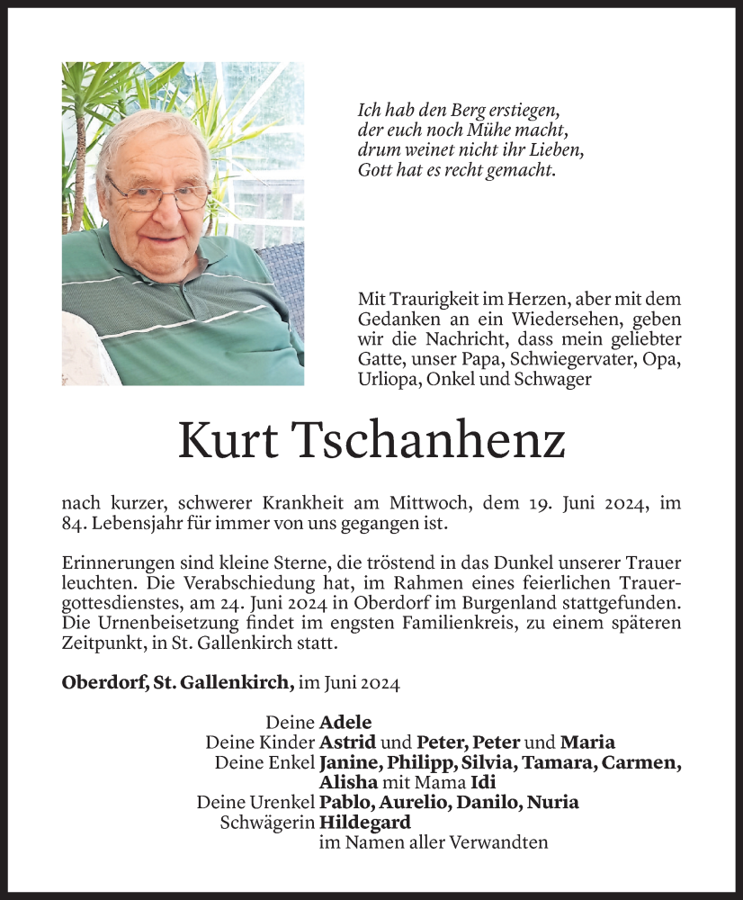  Todesanzeige für Kurt Tschanhenz vom 27.06.2024 aus Vorarlberger Nachrichten