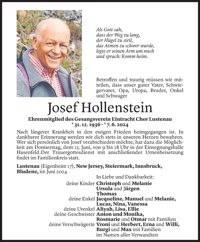  Todesanzeige für Josef Hollenstein vom 11.06.2024 aus Vorarlberger Nachrichten