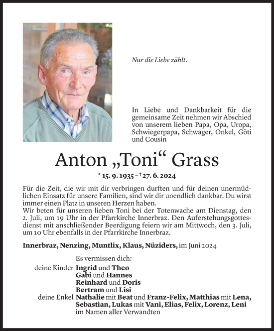 Todesanzeige von Anton Grass von Vorarlberger Nachrichten