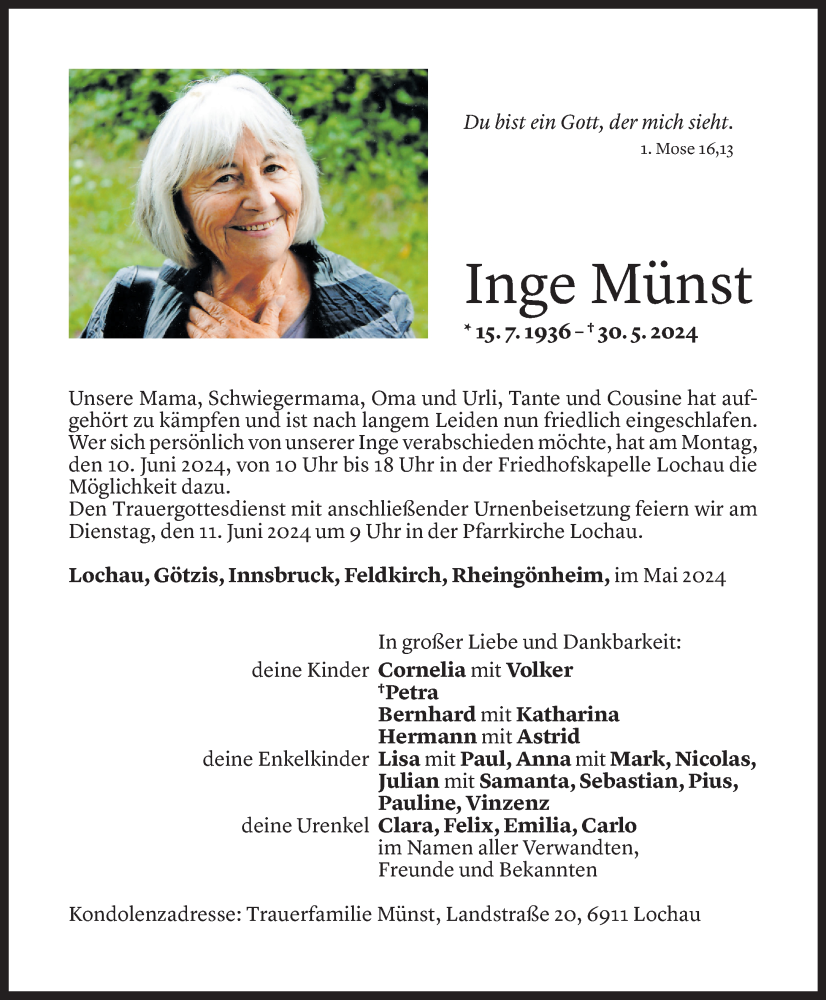  Todesanzeige für Inge Münst vom 05.06.2024 aus Vorarlberger Nachrichten