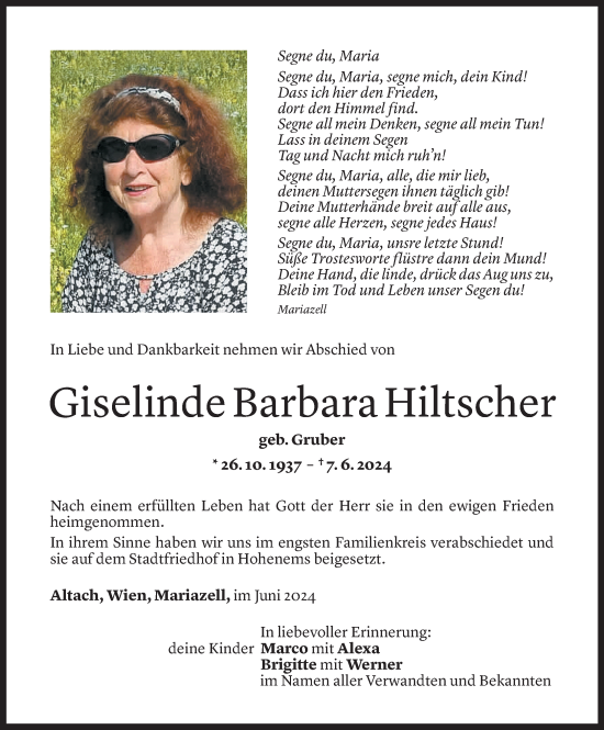 Todesanzeige von Giselinde Barbara Hiltscher von Vorarlberger Nachrichten