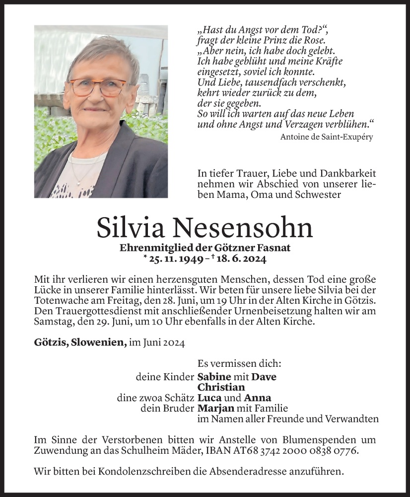  Todesanzeige für Silvia Nesensohn vom 25.06.2024 aus Vorarlberger Nachrichten