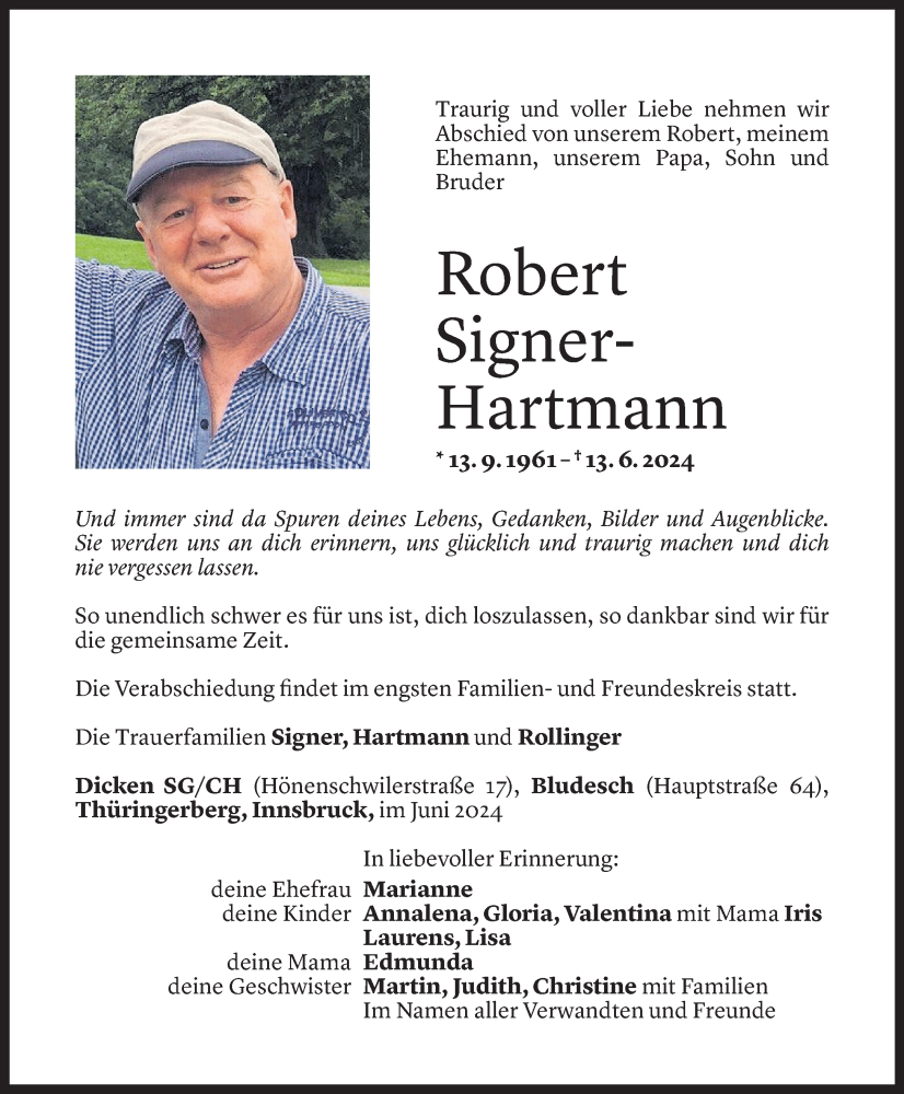  Todesanzeige für Robert Signer-Hartmann vom 20.06.2024 aus Vorarlberger Nachrichten