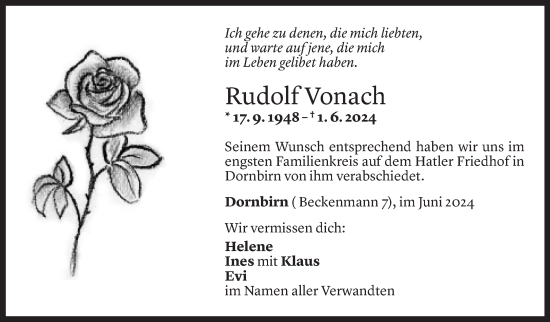 Todesanzeige von Rudolf Vonach von Vorarlberger Nachrichten