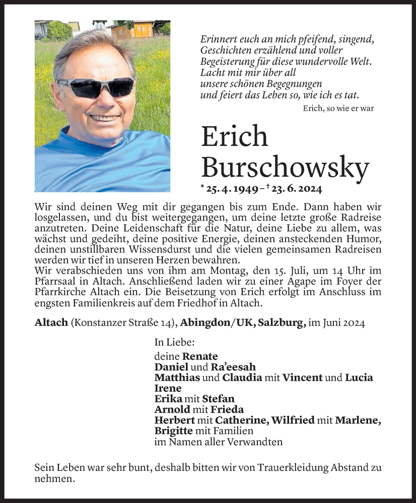  Todesanzeige für Erich Burschowsky vom 29.06.2024 aus Vorarlberger Nachrichten