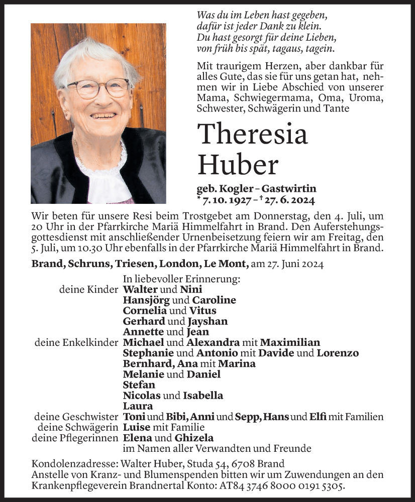 Todesanzeige für Theresia Huber vom 30.06.2024 aus Vorarlberger Nachrichten