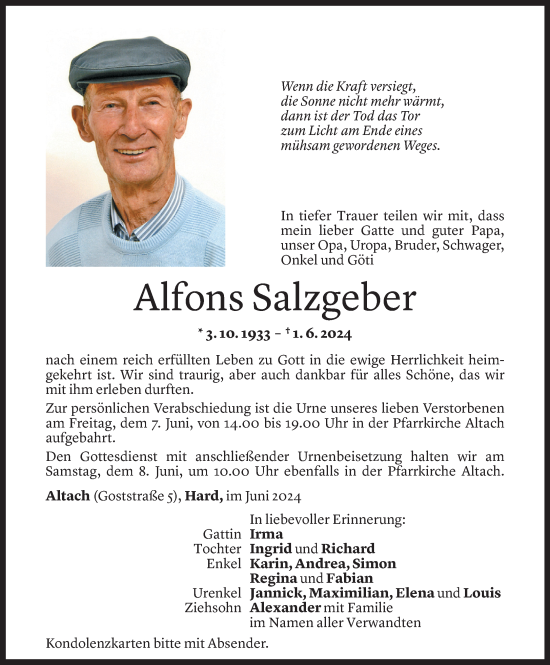 Todesanzeige von Alfons Salzgeber von Vorarlberger Nachrichten