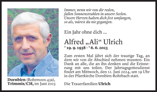 Todesanzeige von Alfred Ulrich von Vorarlberger Nachrichten