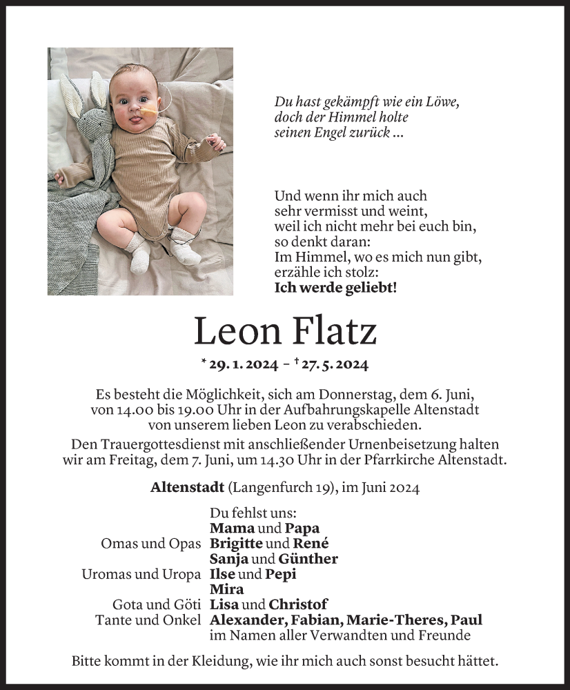  Todesanzeige für Leon Flatz vom 04.06.2024 aus Vorarlberger Nachrichten