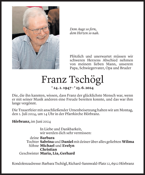 Todesanzeige von Franz Tschögl von Vorarlberger Nachrichten