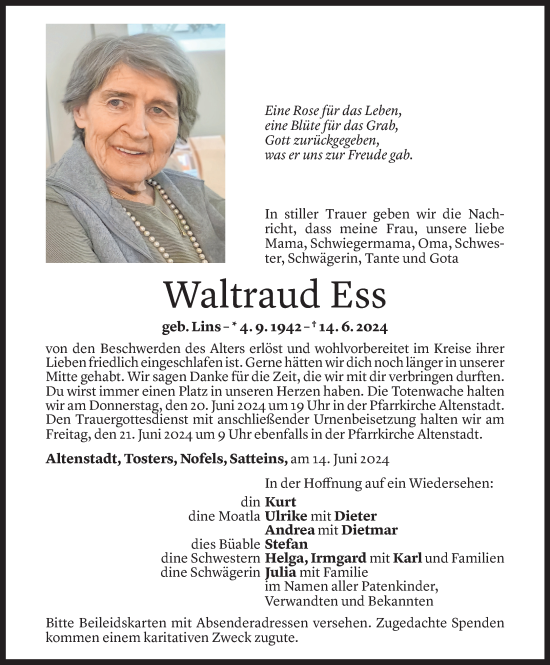 Todesanzeige von Waltraud Ess von Vorarlberger Nachrichten
