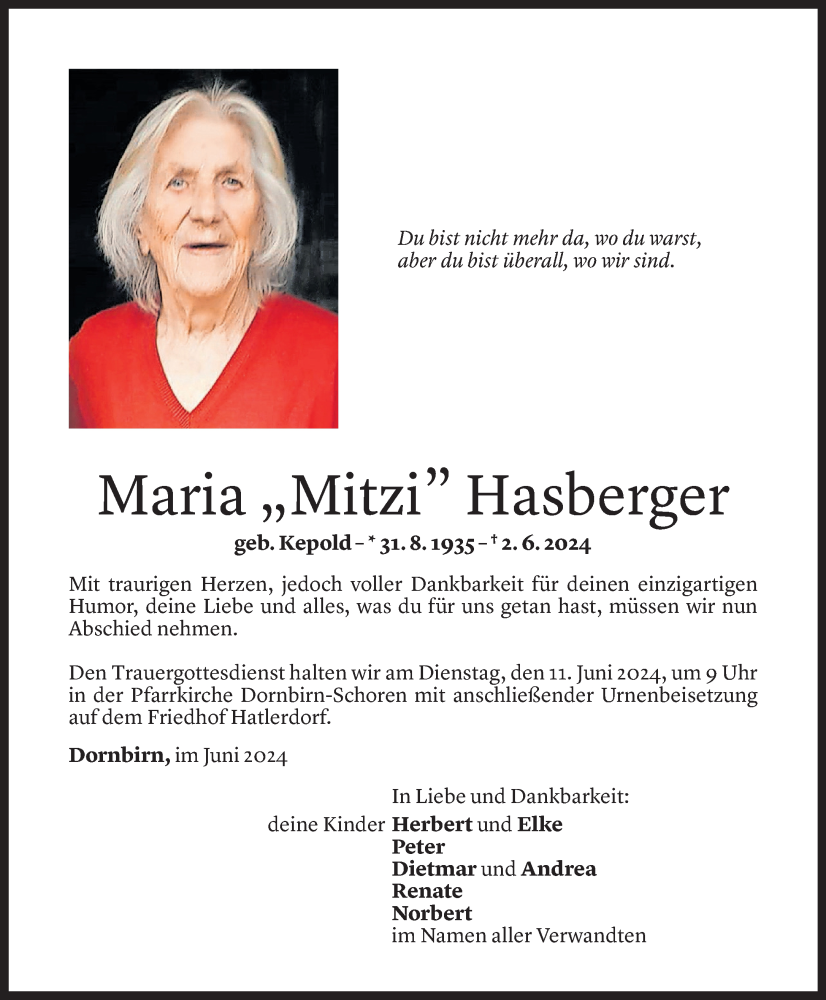  Todesanzeige für Maria Hasberger vom 07.06.2024 aus Vorarlberger Nachrichten