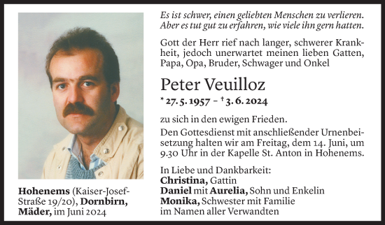 Todesanzeige von Peter Veuilloz von Vorarlberger Nachrichten