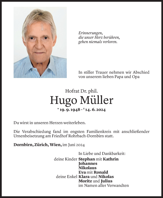 Todesanzeige von Hugo Müller von Vorarlberger Nachrichten