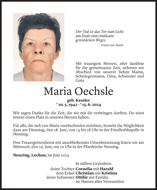 Todesanzeige von Maria Oechsle von Vorarlberger Nachrichten