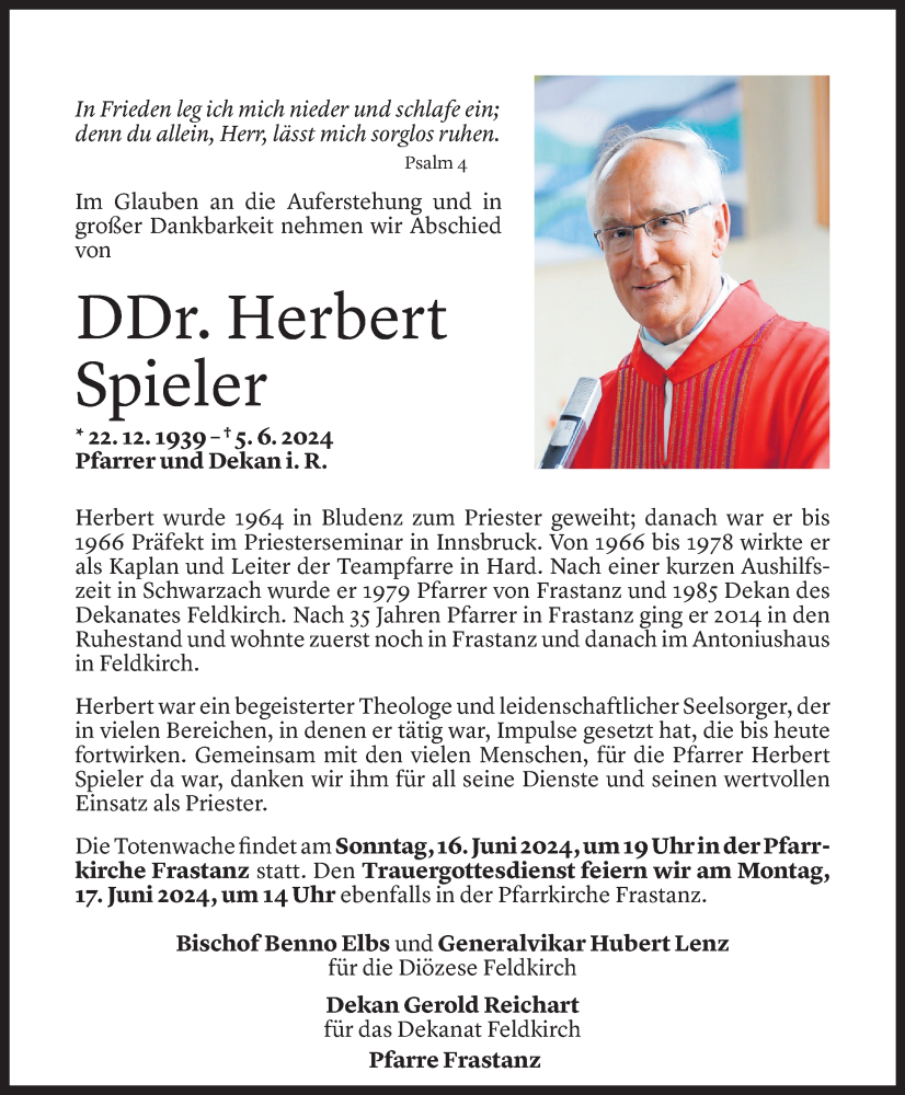  Todesanzeige für Herbert Spieler vom 12.06.2024 aus Vorarlberger Nachrichten