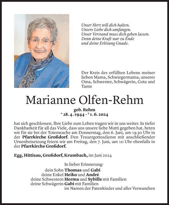 Todesanzeige von Marianne Olfen-Rehm von Vorarlberger Nachrichten