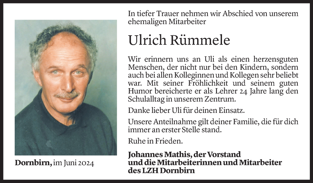  Todesanzeige für Ulrich Rümmele vom 10.06.2024 aus Vorarlberger Nachrichten