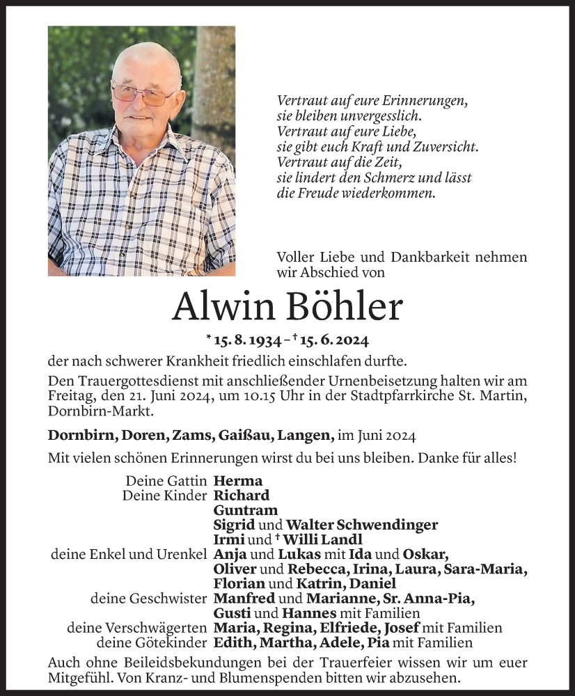  Todesanzeige für Alwin Böhler vom 19.06.2024 aus Vorarlberger Nachrichten