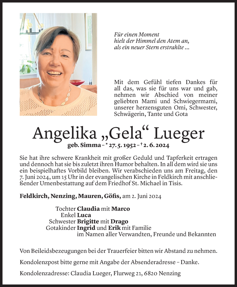  Todesanzeige für Angelika Lueger vom 05.06.2024 aus Vorarlberger Nachrichten