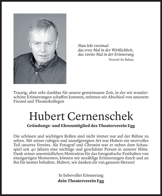 Todesanzeige von Hubert Cernenschek von Vorarlberger Nachrichten