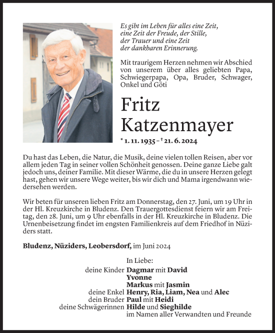 Todesanzeige von Fritz Katzenmayer von Vorarlberger Nachrichten