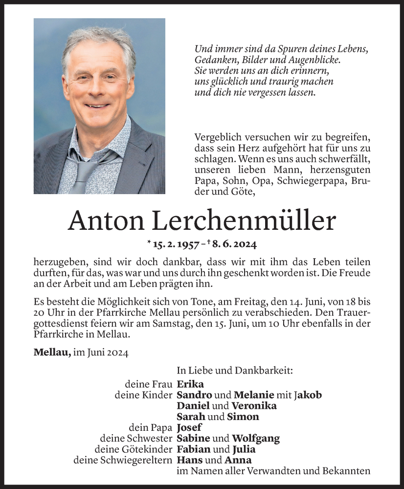  Todesanzeige für Anton Lerchenmüller vom 13.06.2024 aus Vorarlberger Nachrichten