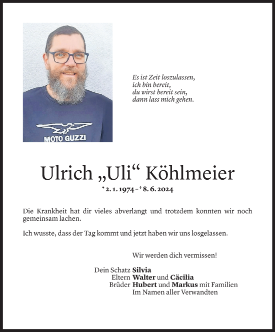 Todesanzeige von Ulrich Köhlmeier von Vorarlberger Nachrichten