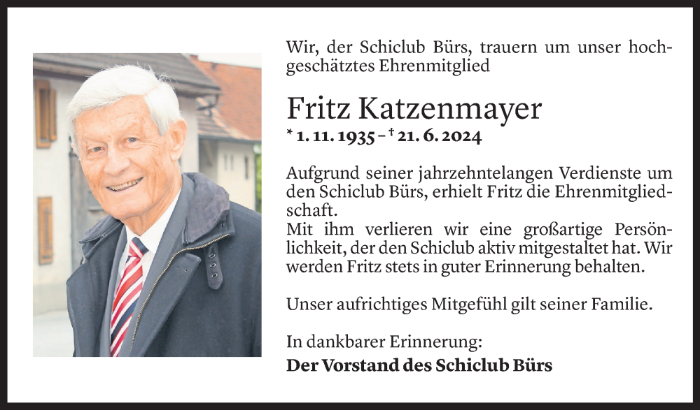  Todesanzeige für Fritz Katzenmayer vom 26.06.2024 aus Vorarlberger Nachrichten