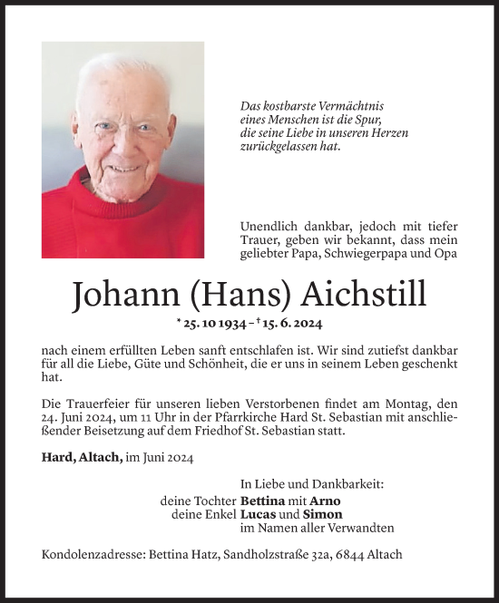 Todesanzeige von Johann Aichstill von Vorarlberger Nachrichten