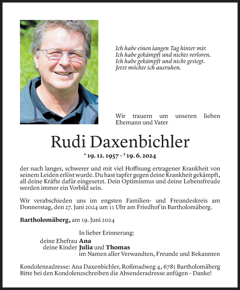  Todesanzeige für Rudi Daxenbichler vom 21.06.2024 aus Vorarlberger Nachrichten