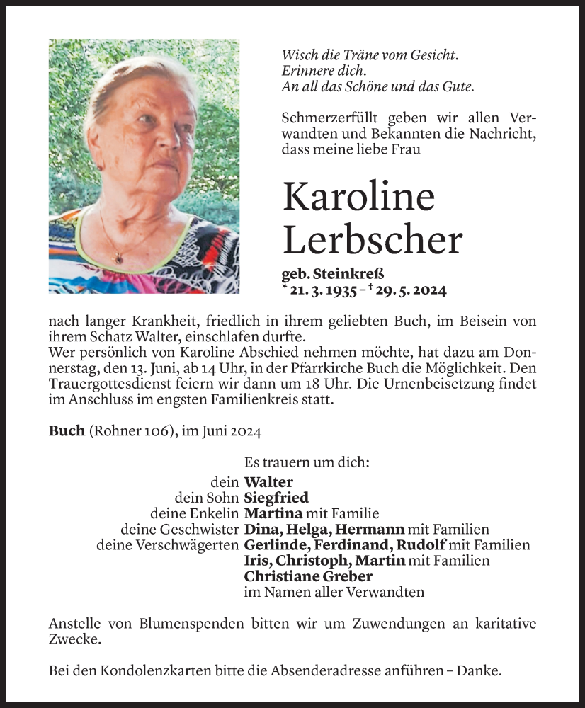  Todesanzeige für Karoline Lerbscher vom 11.06.2024 aus Vorarlberger Nachrichten