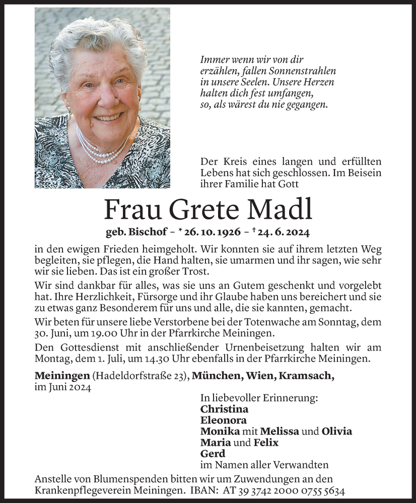  Todesanzeige für Grete Madl vom 26.06.2024 aus Vorarlberger Nachrichten