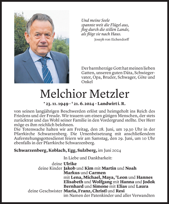 Todesanzeige von Melchior Metzler von Vorarlberger Nachrichten
