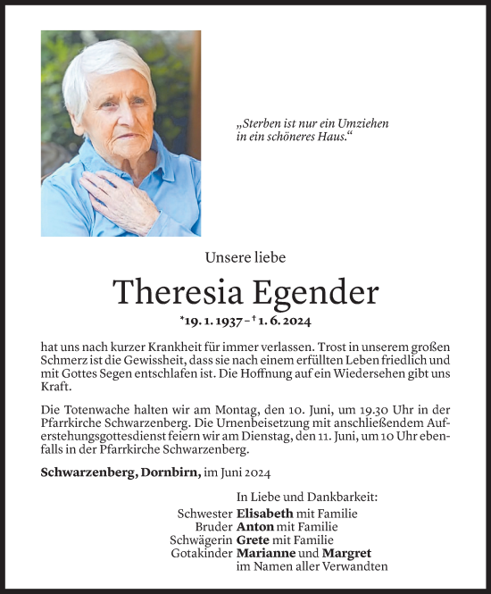 Todesanzeige von Theresia Egender von Vorarlberger Nachrichten