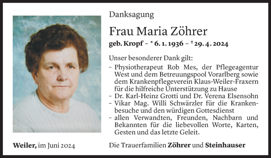 Todesanzeige von Maria Zöhrer von Vorarlberger Nachrichten