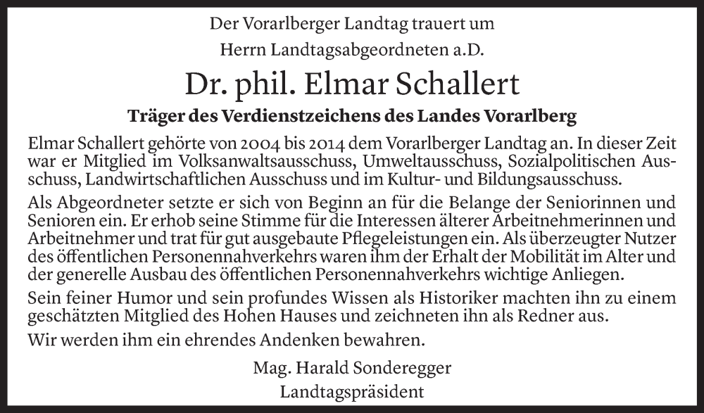  Todesanzeige für Elmar Schallert vom 22.06.2024 aus Vorarlberger Nachrichten