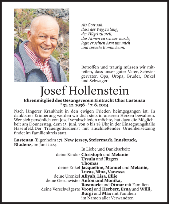 Todesanzeigen von Josef Hollenstein | Todesanzeigen Vorarlberger ...