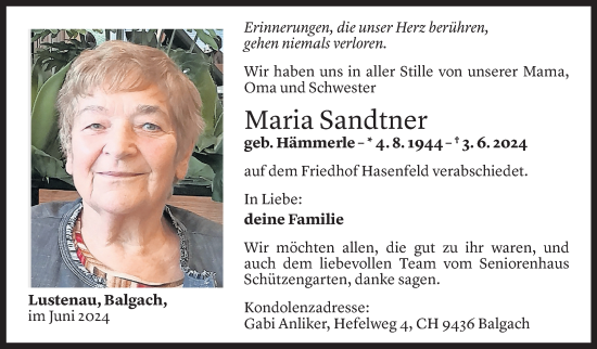 Todesanzeige von Maria Sandtner von Vorarlberger Nachrichten