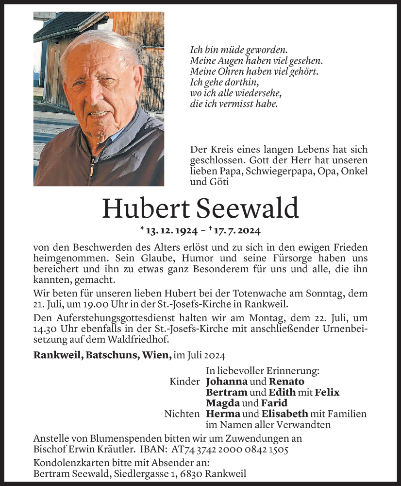  Todesanzeige für Hubert Seewald vom 18.07.2024 aus Vorarlberger Nachrichten