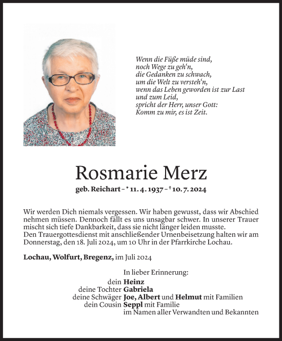 Todesanzeige von Rosmarie Merz von Vorarlberger Nachrichten