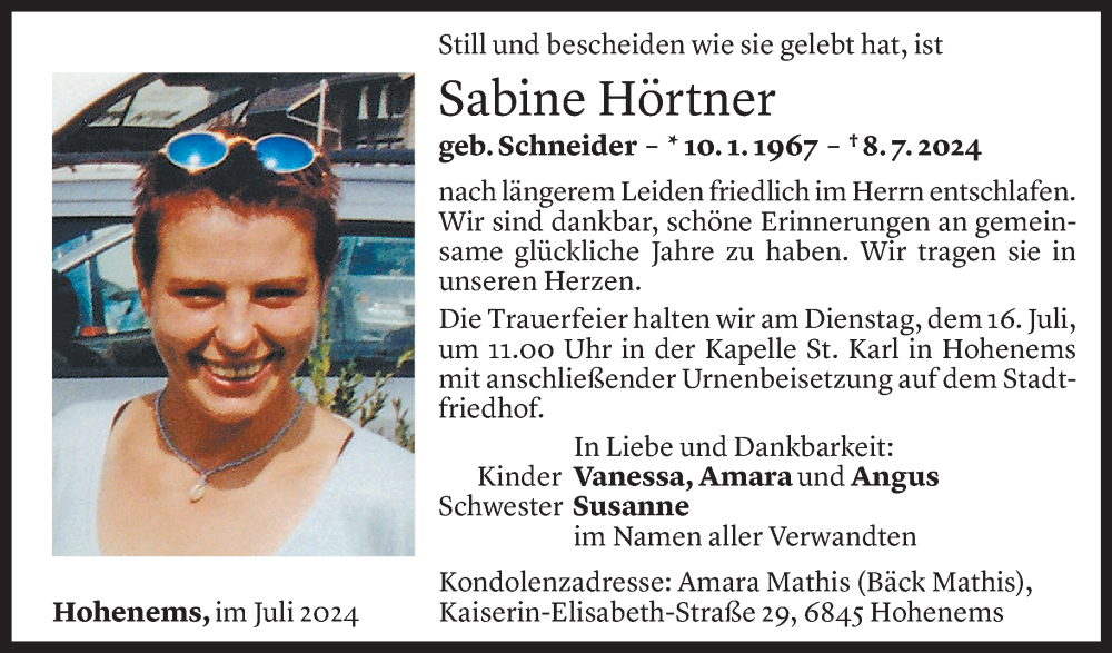  Todesanzeige für Sabine Hörtner vom 12.07.2024 aus Vorarlberger Nachrichten