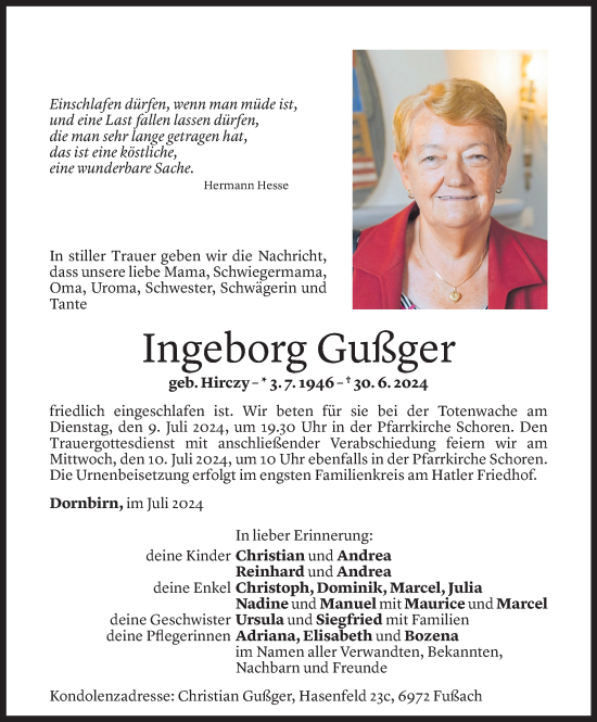 Todesanzeige von Ingeborg Gußger von Vorarlberger Nachrichten