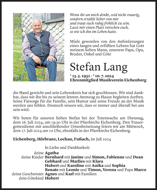 Todesanzeige von Stefan Lang von Vorarlberger Nachrichten