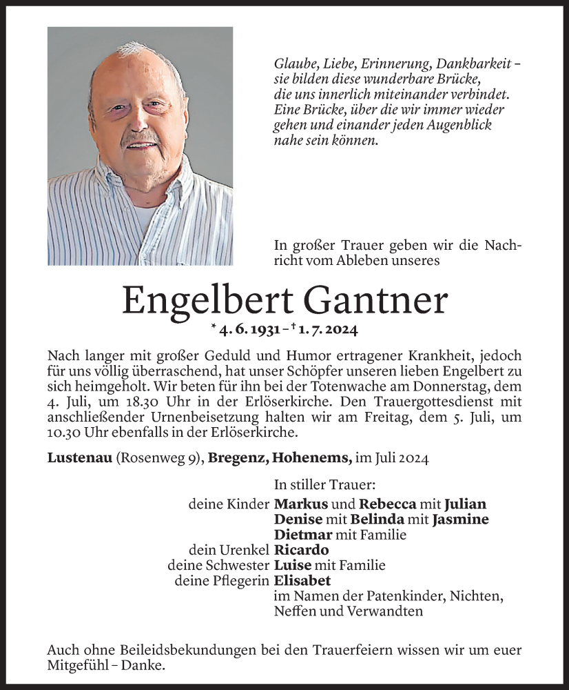  Todesanzeige für Engelbert Gantner vom 02.07.2024 aus Vorarlberger Nachrichten