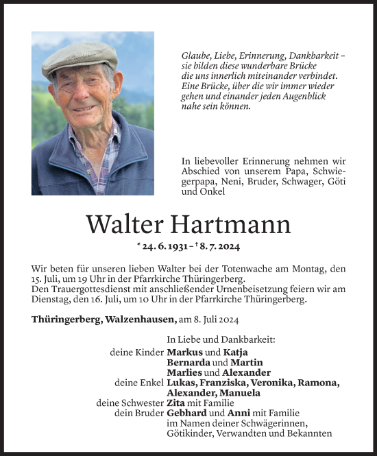 Todesanzeige von Walter Hartmann von Vorarlberger Nachrichten
